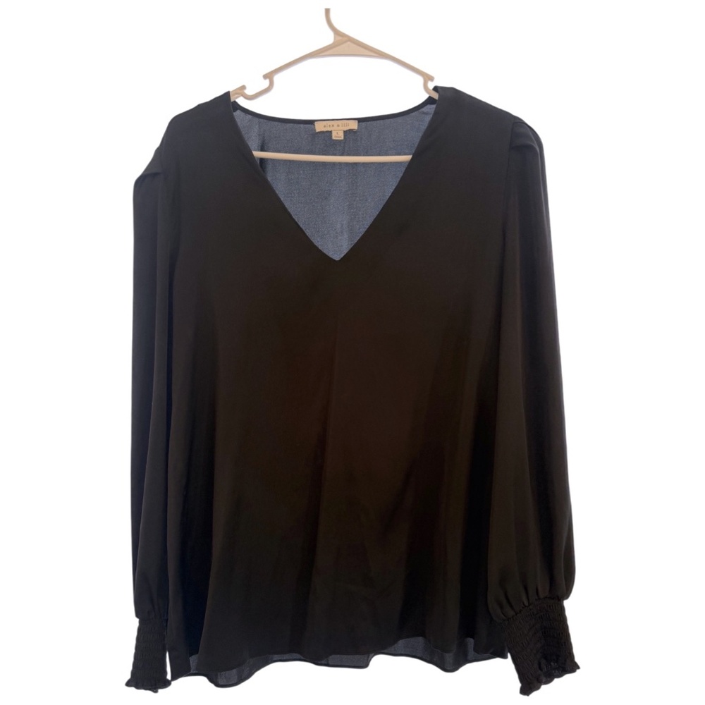 Alex & Lili Black V-Neck Blouse | Smocked Cuffs | Size L